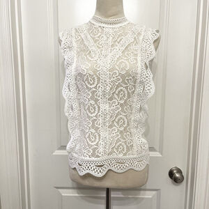 Adiva White‎ Lace Blouse- Sleeveless Bat Sleeve Ruffled Top- Womens M